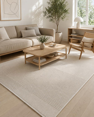 Ivory Striped Textured Area Rug, Neutral Scandinavian Modern Farmhouse Floor Runner