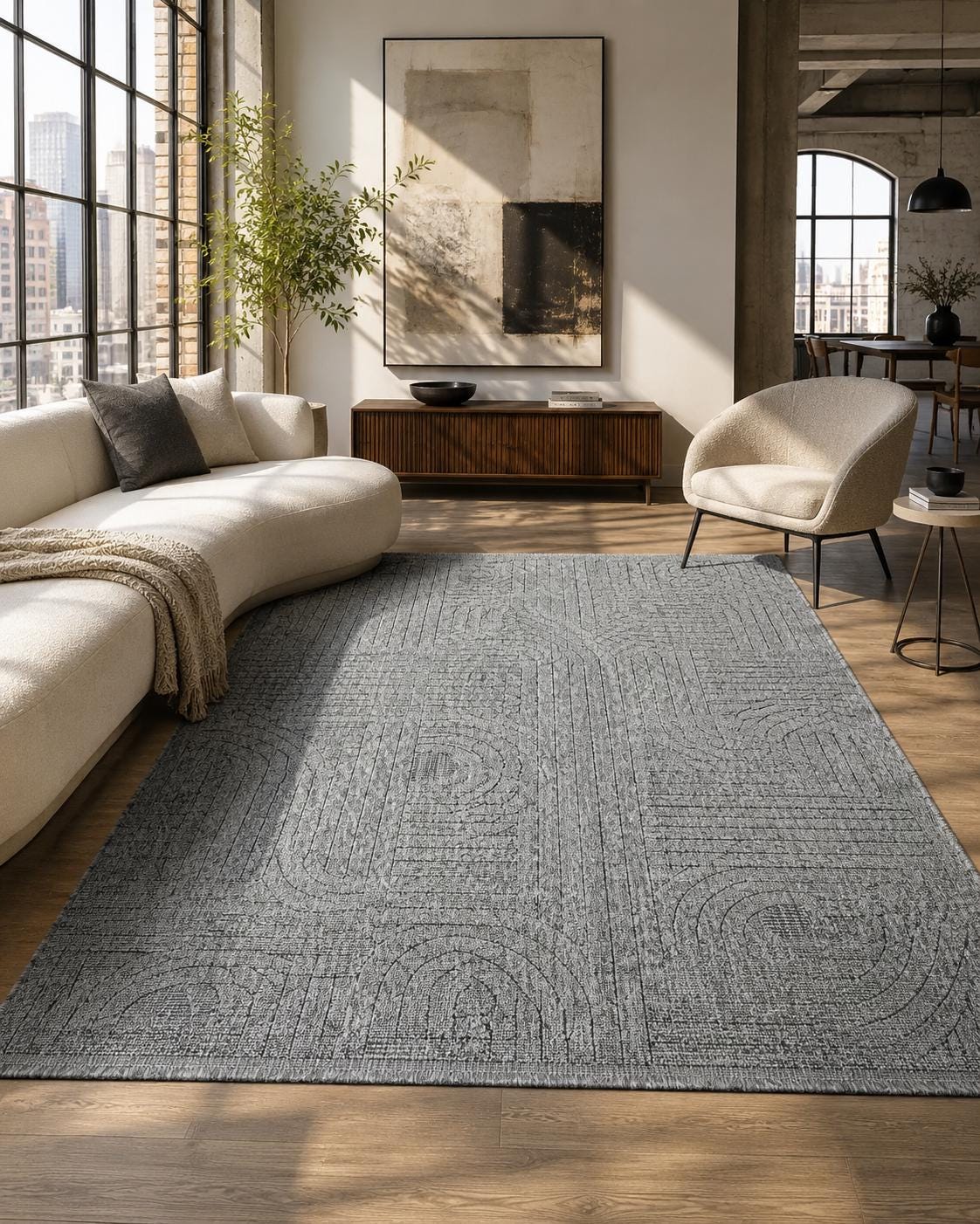Gray Abstract Textured Area Rug, Modern Geometric Living Room Carpet