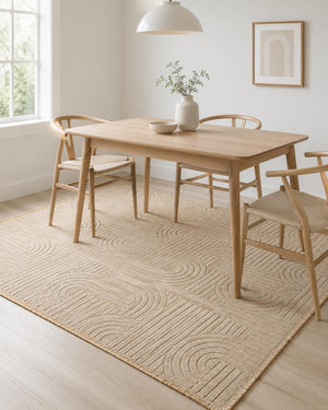 Beige Abstract Area Rug, Modern Geometric Line Pattern, Art Deco Inspired Design