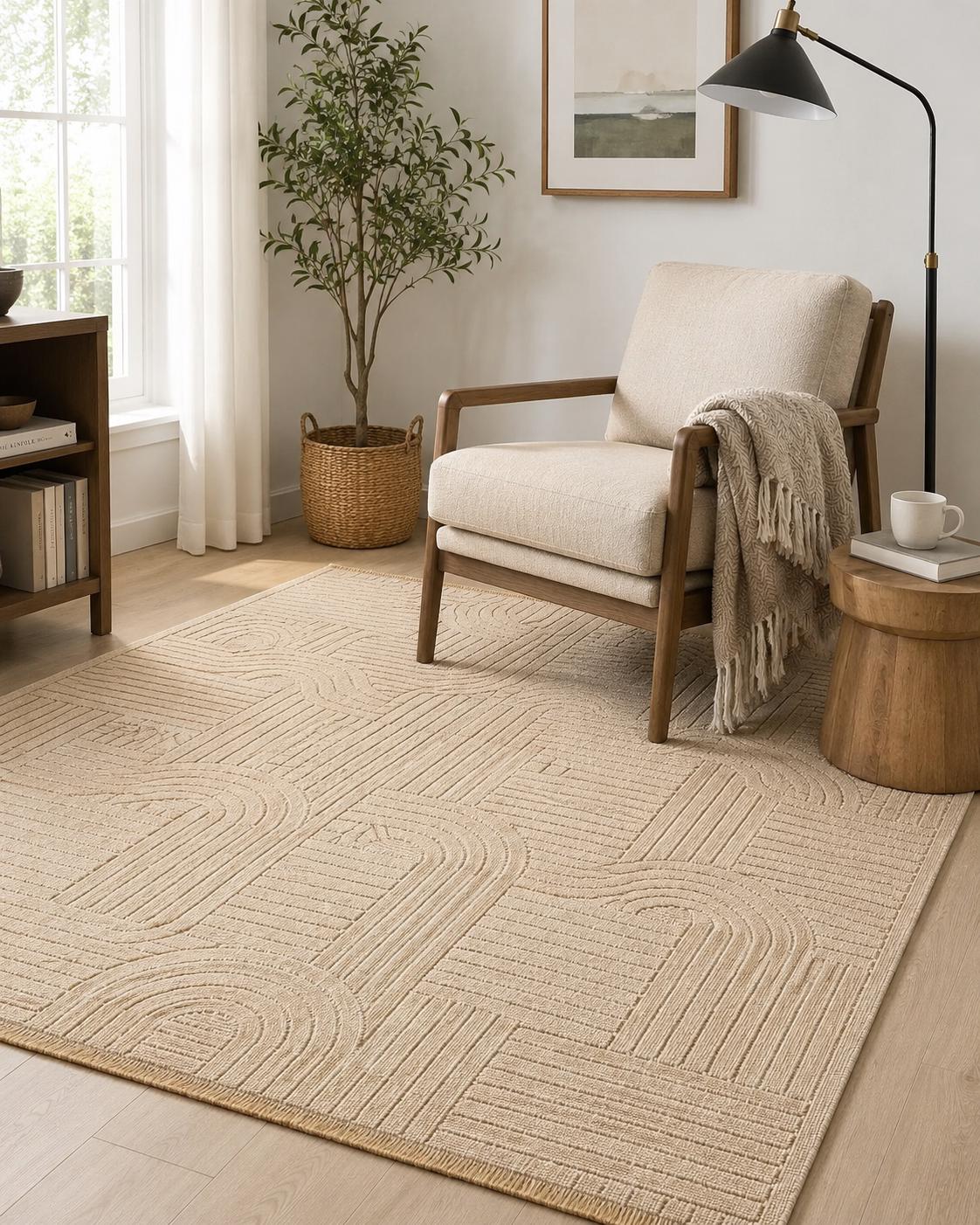 Beige Abstract Area Rug, Modern Geometric Line Pattern, Art Deco Inspired Design