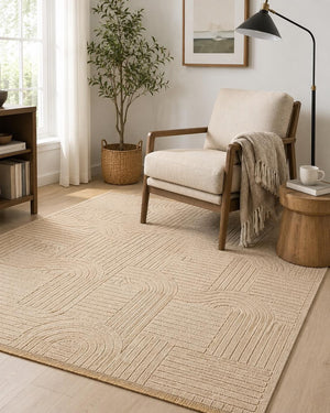 Beige Abstract Area Rug, Modern Geometric Line Pattern, Art Deco Inspired Design