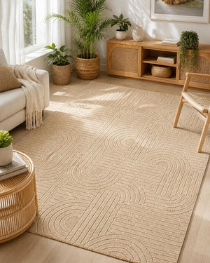 Beige Abstract Area Rug, Modern Geometric Line Pattern, Art Deco Inspired Design
