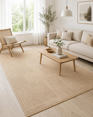 Beige Abstract Area Rug, Modern Geometric Line Pattern, Art Deco Inspired Design