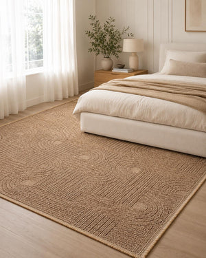 Tan Abstract Area Rug, Textured Geometric Pattern, Neutral Modern Floor Decor