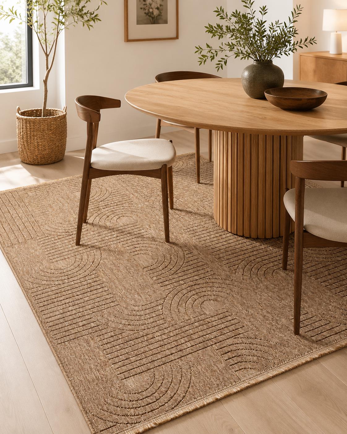 Tan Abstract Area Rug, Textured Geometric Pattern, Neutral Modern Floor Decor