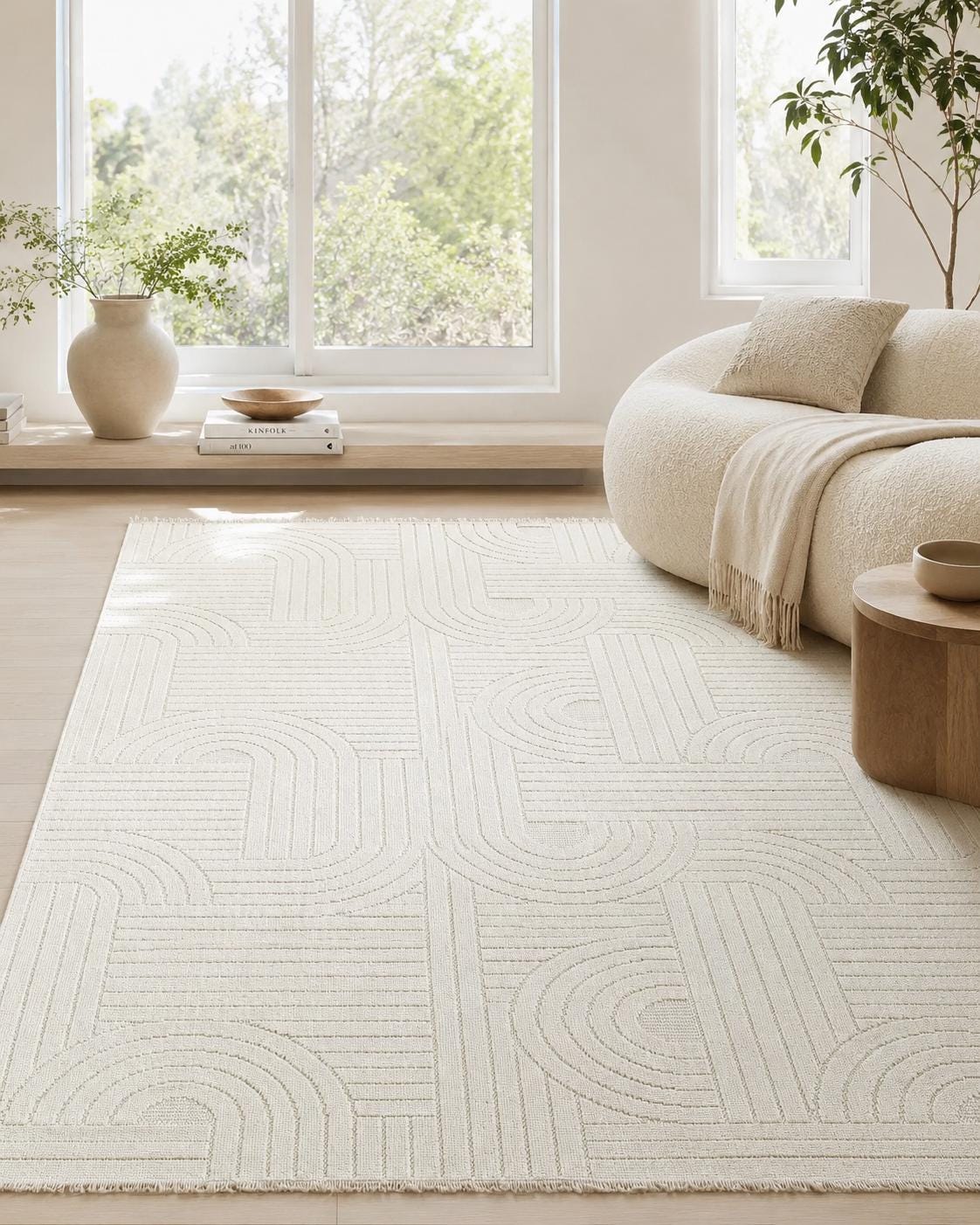 Ivory Abstract Area Rug, Textured Geometric Scandinavian Living Room Carpet