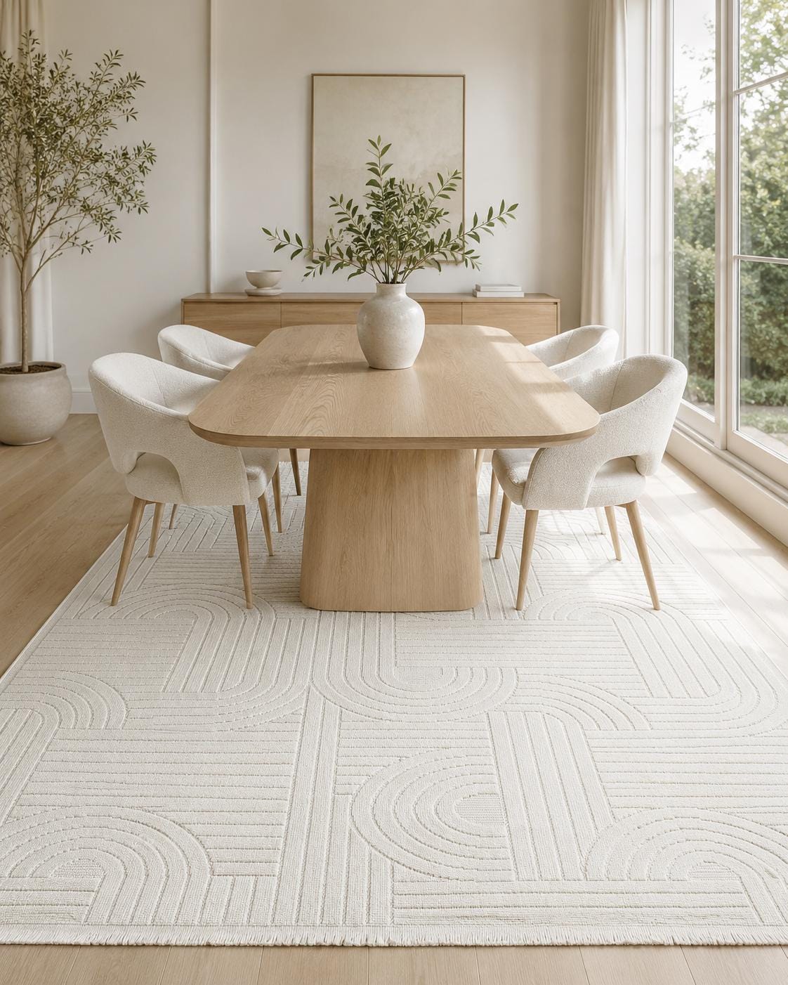 Ivory Abstract Area Rug, Textured Geometric Scandinavian Living Room Carpet