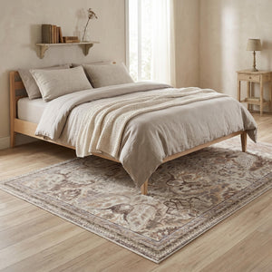 Distressed Floral Area Rug, Neutral Beige Brown Living Room Floor Rug
