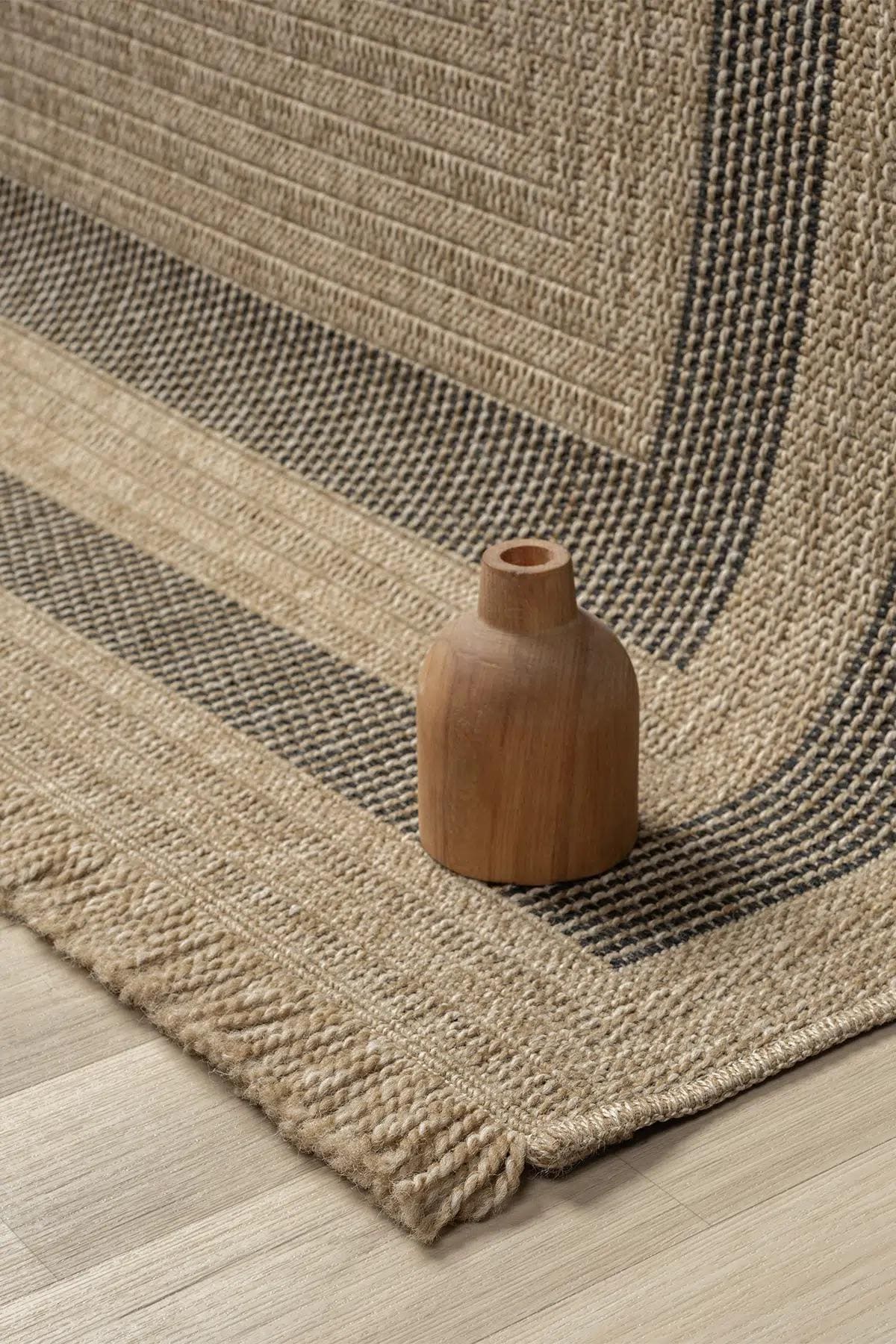 Beige Black Striped Area Rug, Textured Woven Jute Style Carpet, Modern Farmhouse Bedroom
