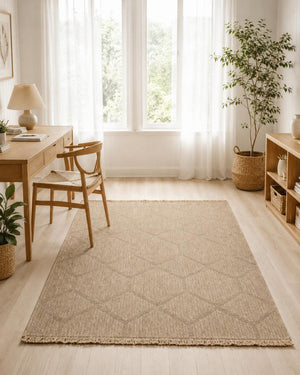 Beige Geometric Woven Area Rug, Natural Jute Style Carpet, Scandinavian Living Room Floor Rug