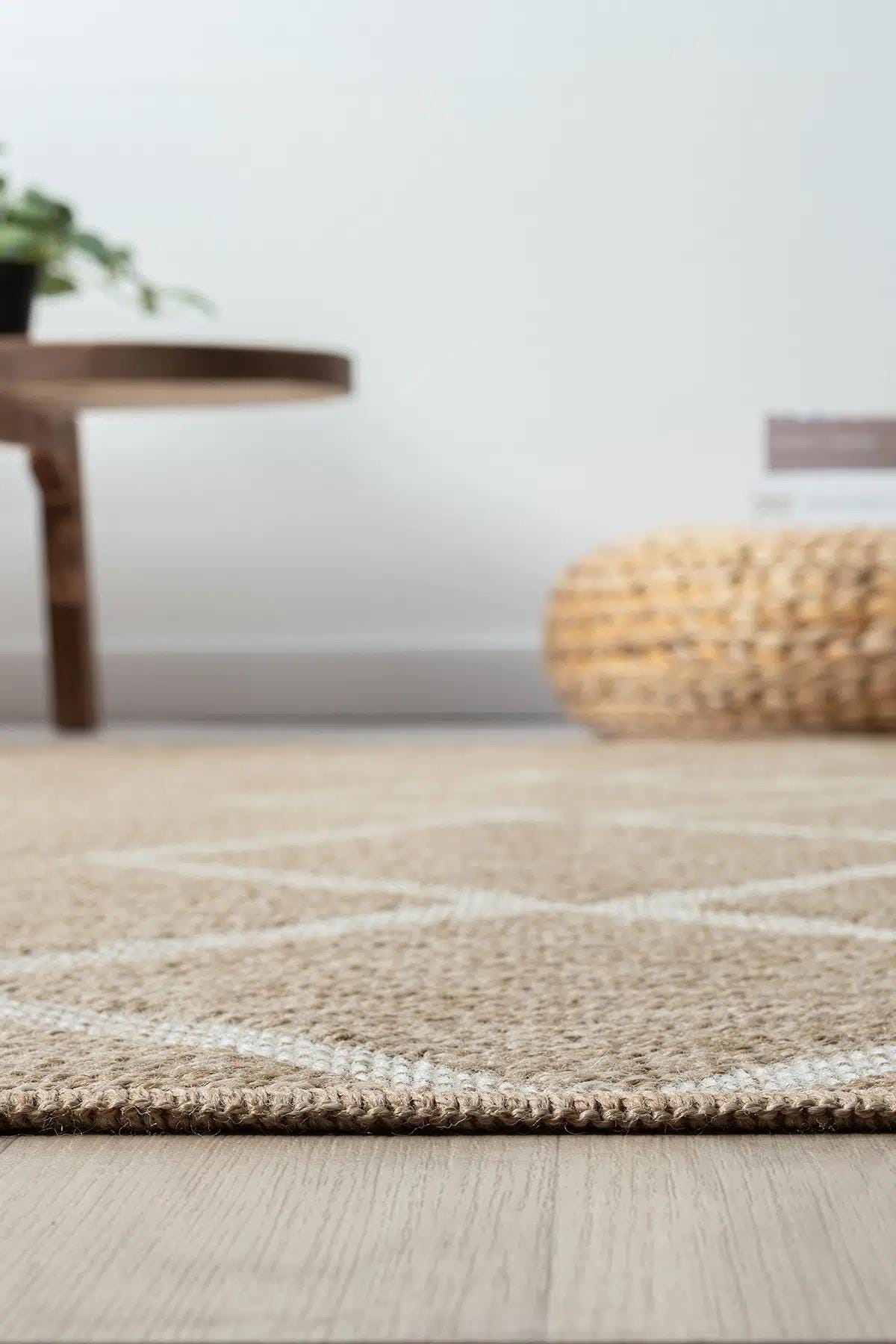 Beige Honeycomb Geometric Woven Jute Style Rug, Scandinavian Living Room Carpet