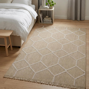 Beige Honeycomb Geometric Woven Jute Style Rug, Scandinavian Living Room Carpet