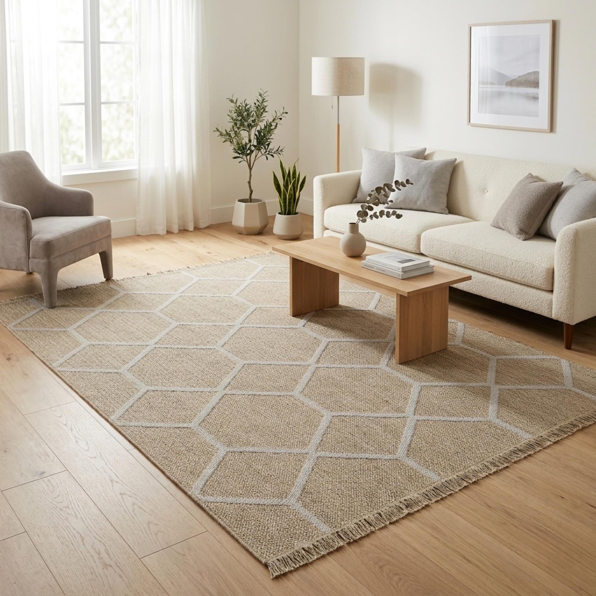 Beige Honeycomb Geometric Woven Jute Style Rug, Scandinavian Living Room Carpet