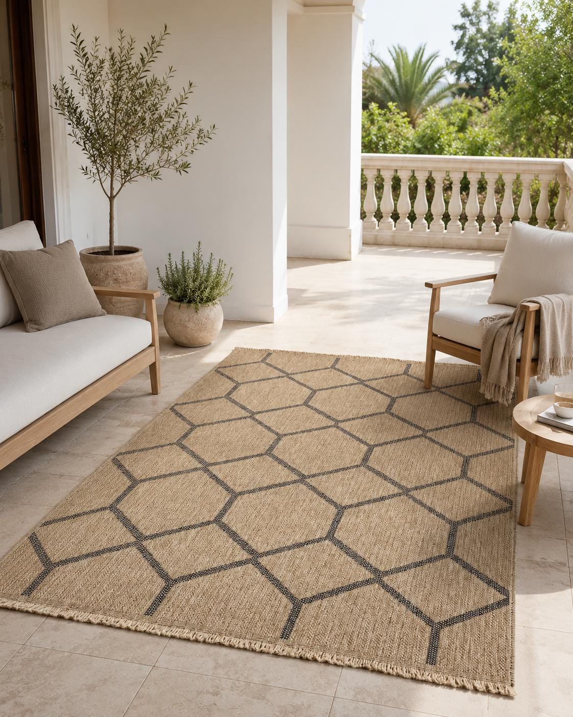 Beige Black Geometric Honeycomb Area Rug, Natural Woven Living Room Carpet