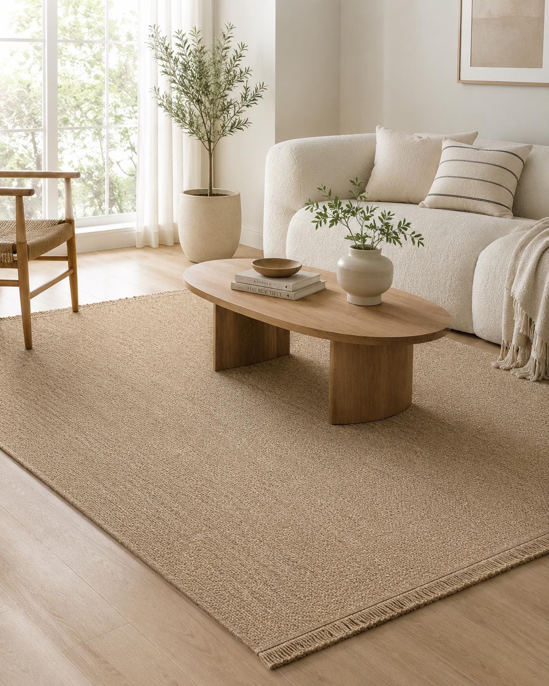 Plain Beige Woven Area Rug, Natural Jute Style Scandinavian Carpet