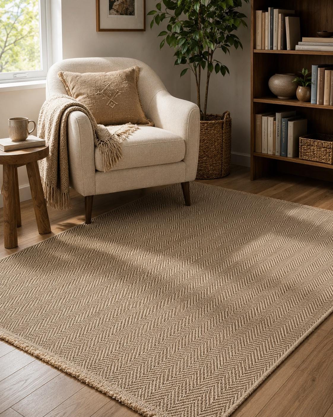Brown Herringbone Woven Area Rug, Textured Natural Living Room Carpet