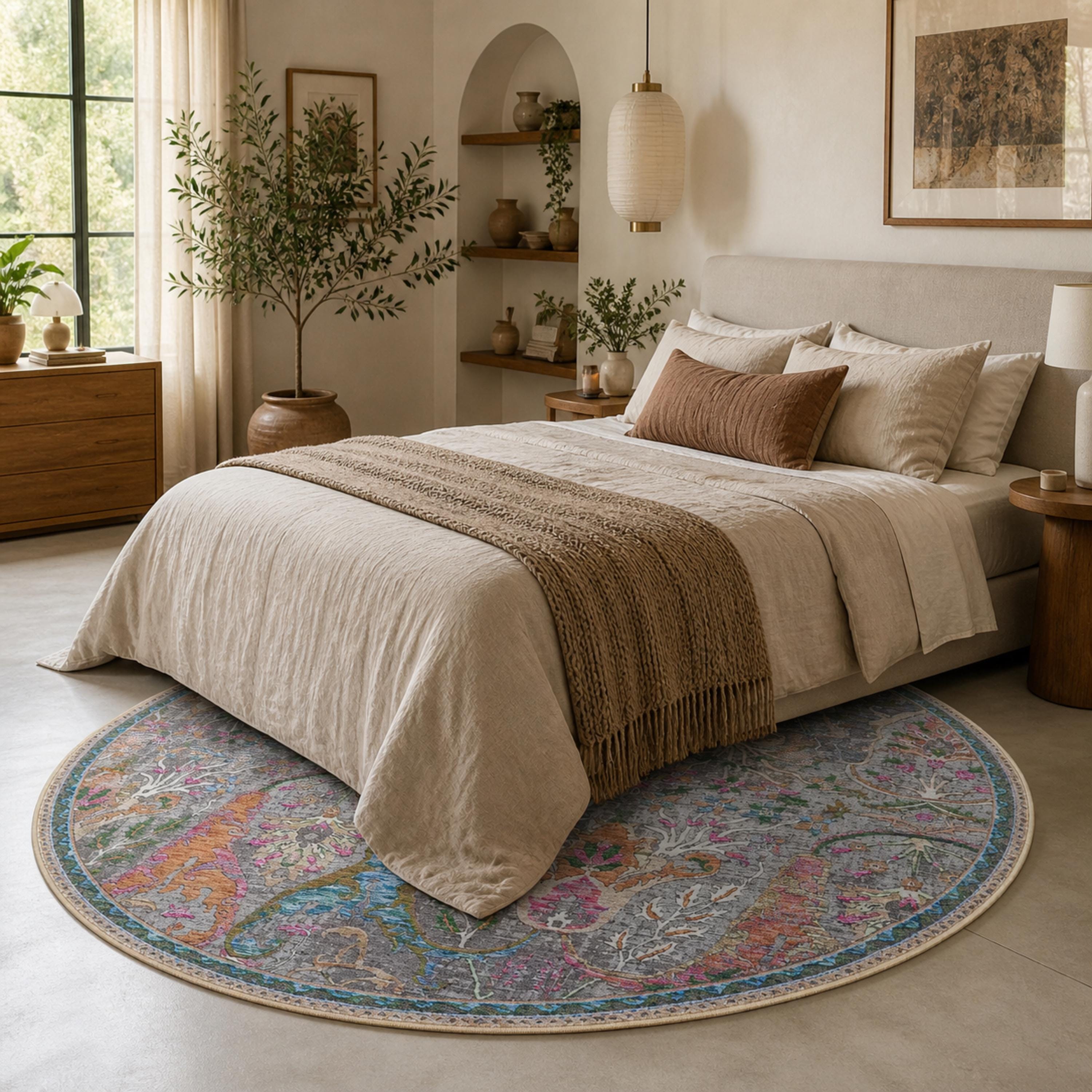 Round Floral Area Rug, Distressed Traditional Boho Carpet, Living Room Bedroom 6.6FT