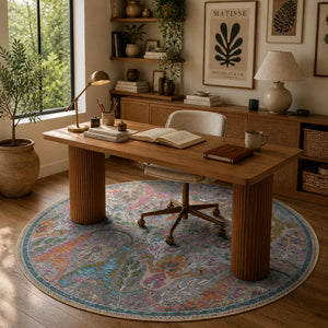 Round Floral Area Rug, Distressed Traditional Boho Carpet, Living Room Bedroom 6.6FT