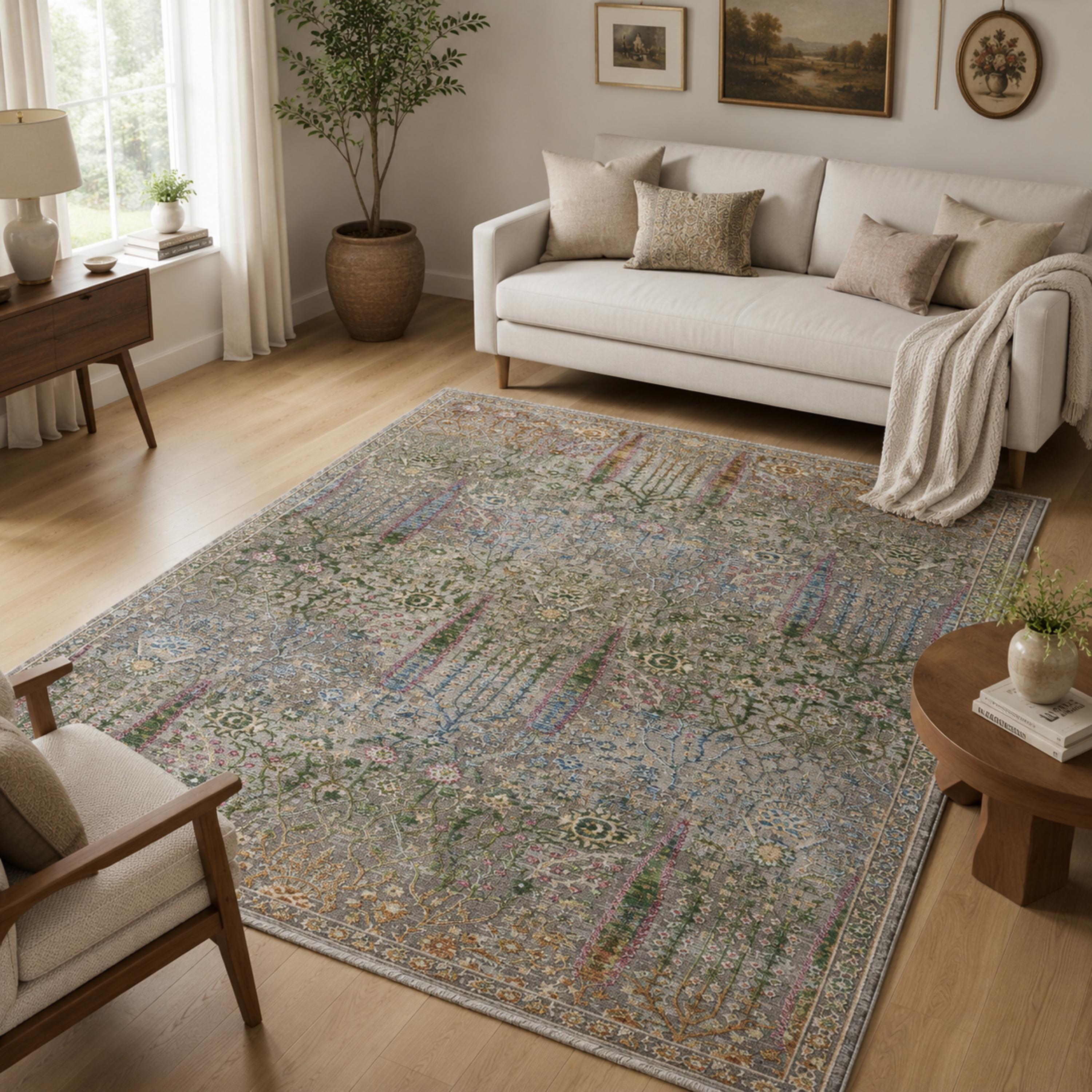 Multicolor Distressed Floral Area Rug, Boho Traditional Oriental Carpet