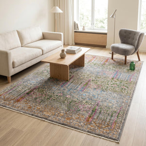 Multicolor Distressed Floral Area Rug, Boho Traditional Oriental Carpet