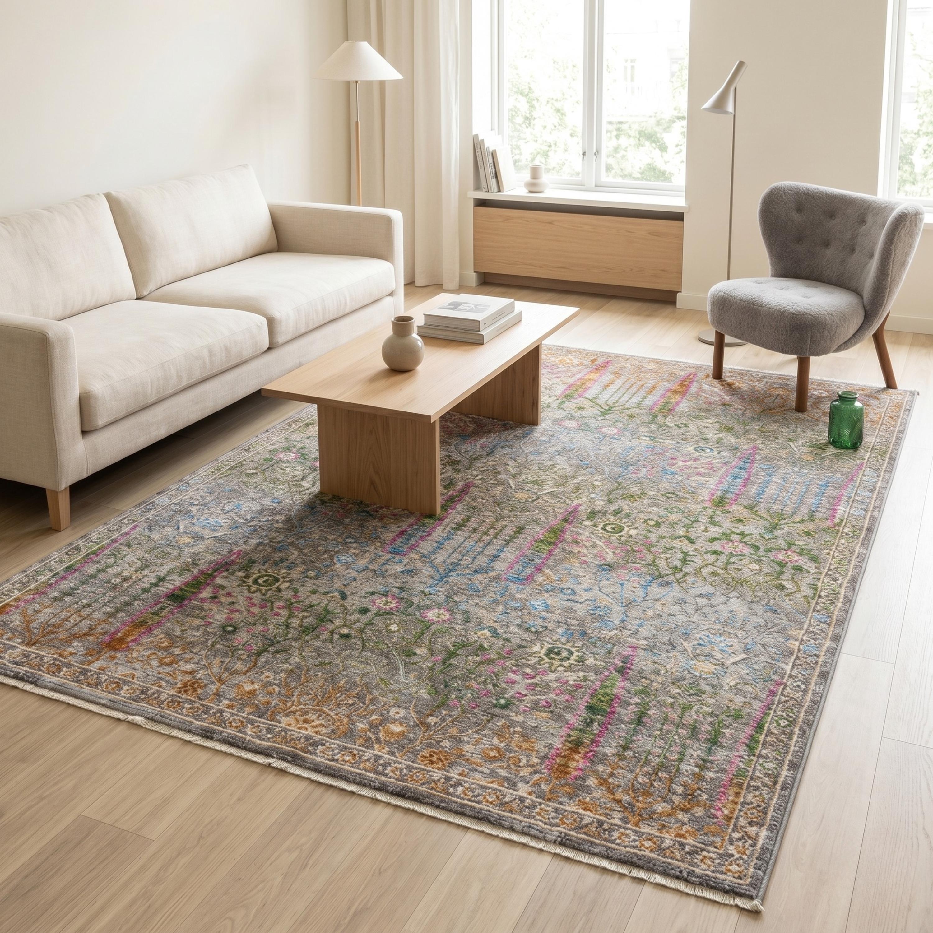 Multicolor Distressed Floral Area Rug, Boho Traditional Oriental Carpet