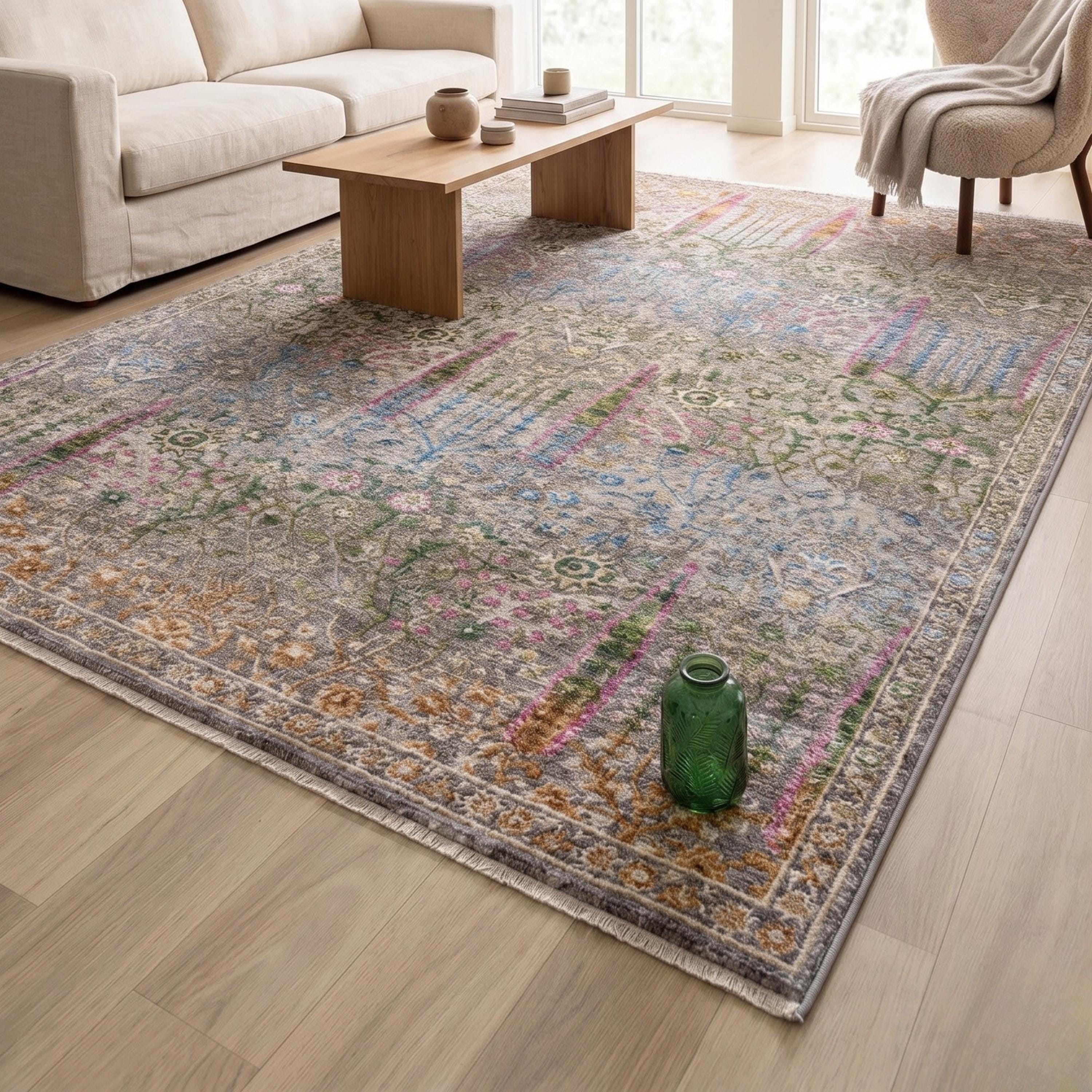 Multicolor Distressed Floral Area Rug, Boho Traditional Oriental Carpet