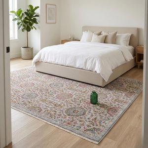 Multicolor Medallion Area Rug, Distressed Boho Traditional Carpet, Grey Floral Oriental Style