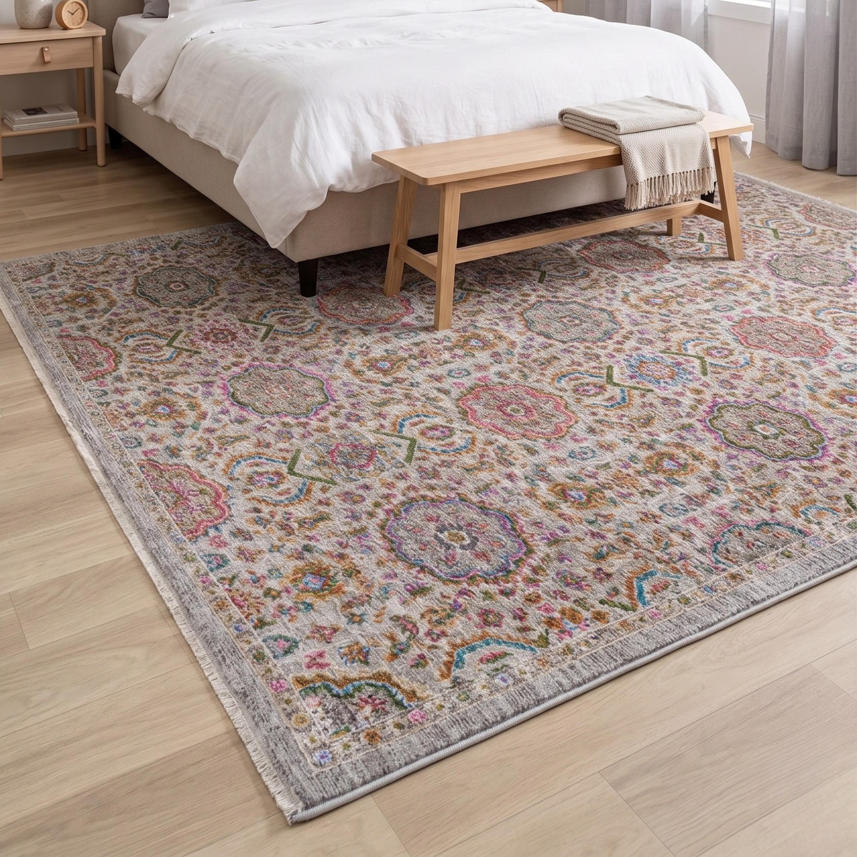 Multicolor Medallion Area Rug, Distressed Boho Traditional Carpet, Grey Floral Oriental Style