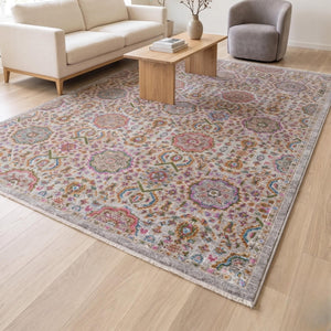 Multicolor Medallion Area Rug, Distressed Boho Traditional Carpet, Grey Floral Oriental Style