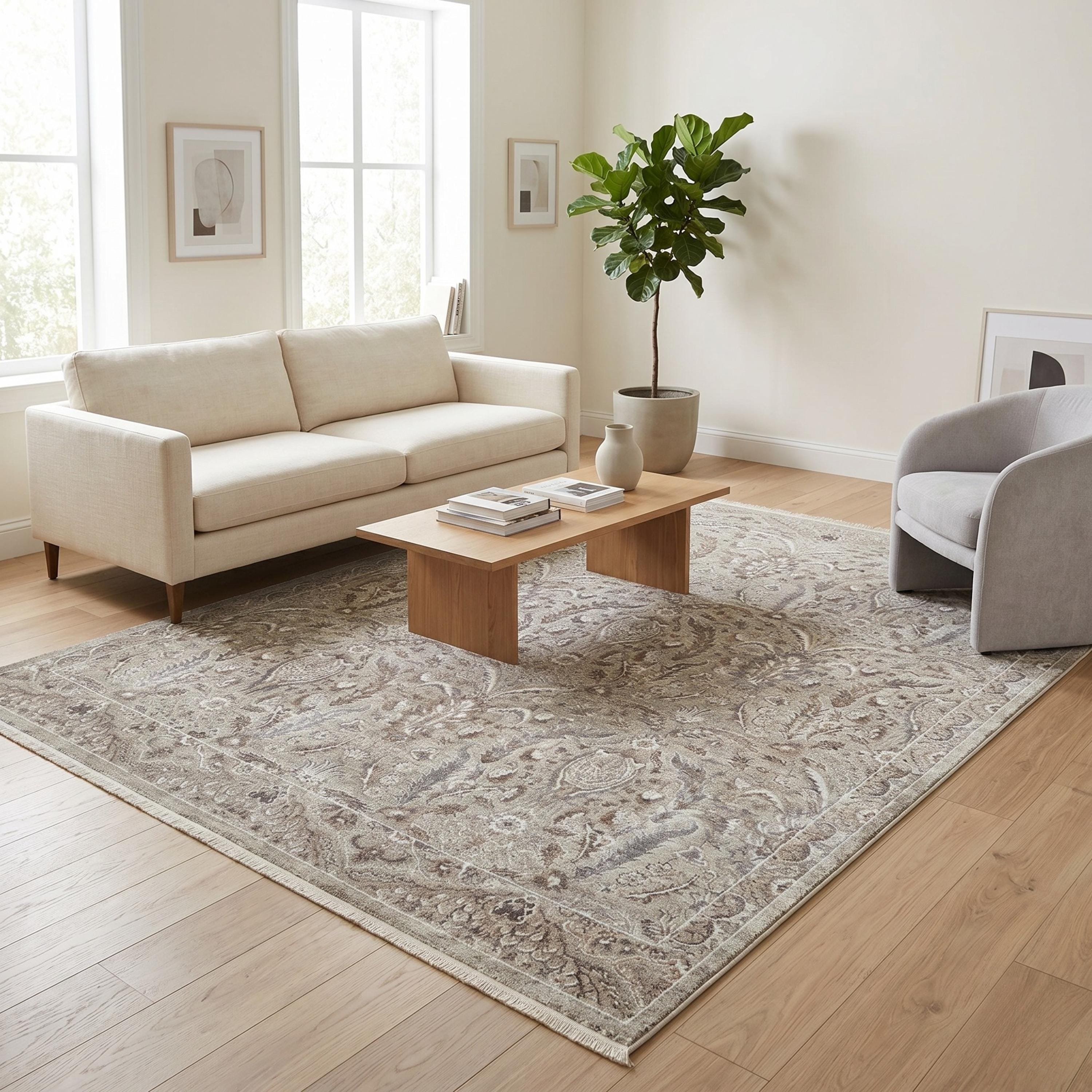 Beige Floral Area Rug, Distressed Botanical Traditional Carpet, Soft Farmhouse Style