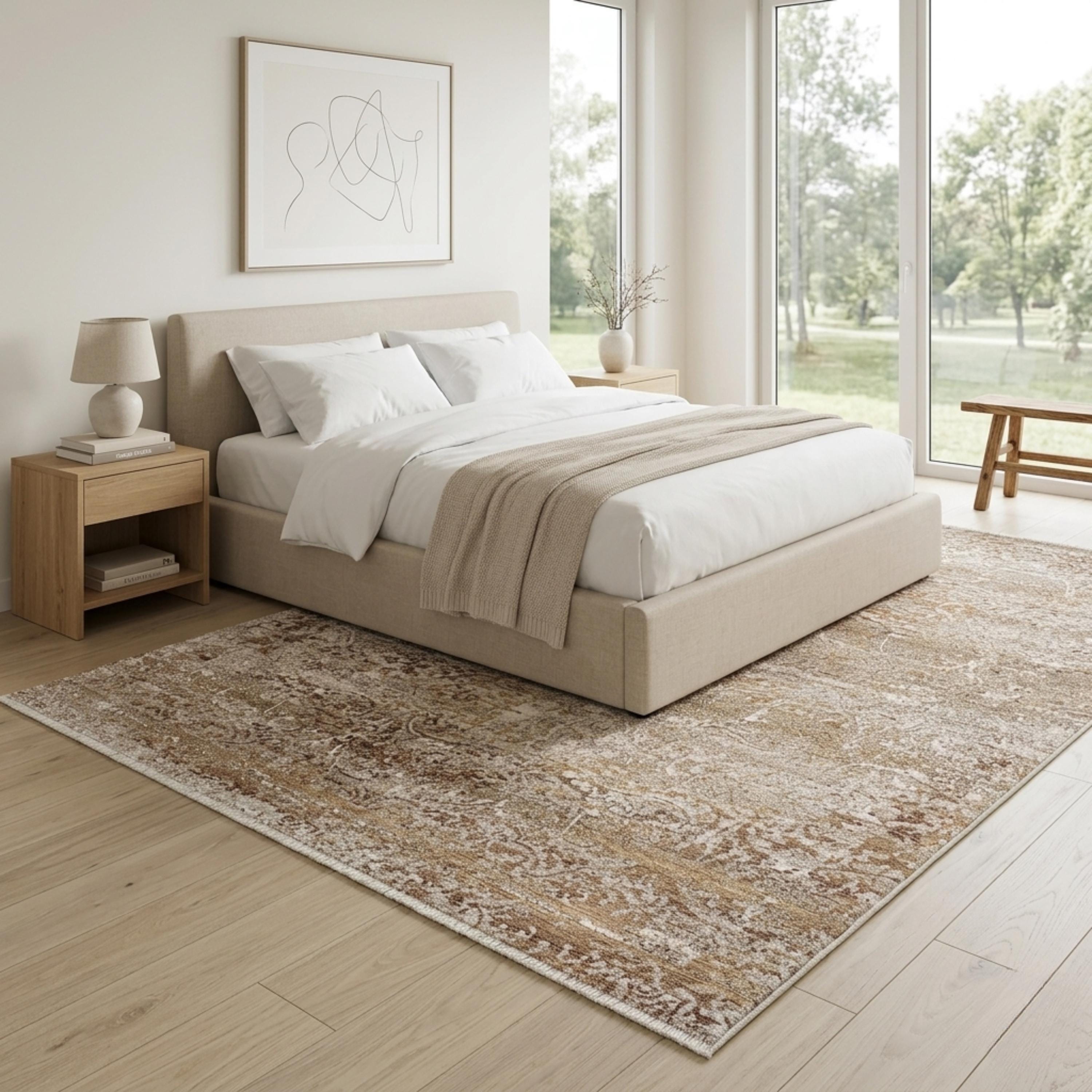 Distressed Medallion Area Rug, Traditional Oriental Style Carpet, Neutral Living Room Floor Rug
