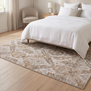 Distressed Medallion Area Rug, Traditional Oriental Style Carpet, Neutral Living Room Floor Rug
