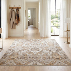 Distressed Medallion Area Rug, Traditional Oriental Style Carpet, Neutral Living Room Floor Rug
