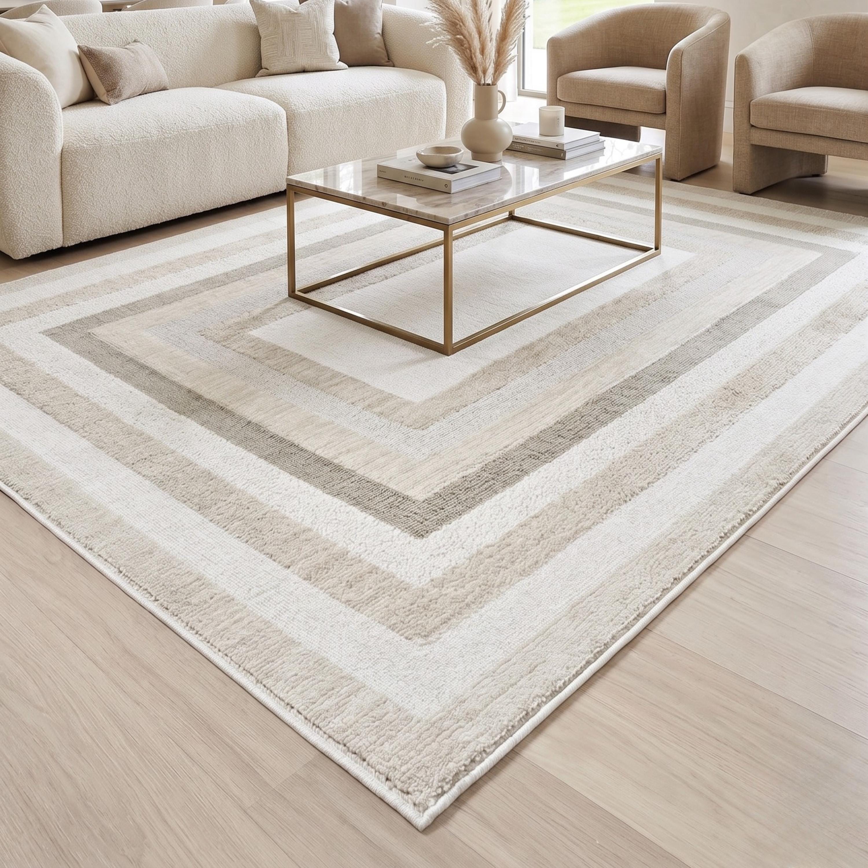 Cream Border Area Rug, Woven Bedroom Carpet, Soft Scandinavian Floor Rug
