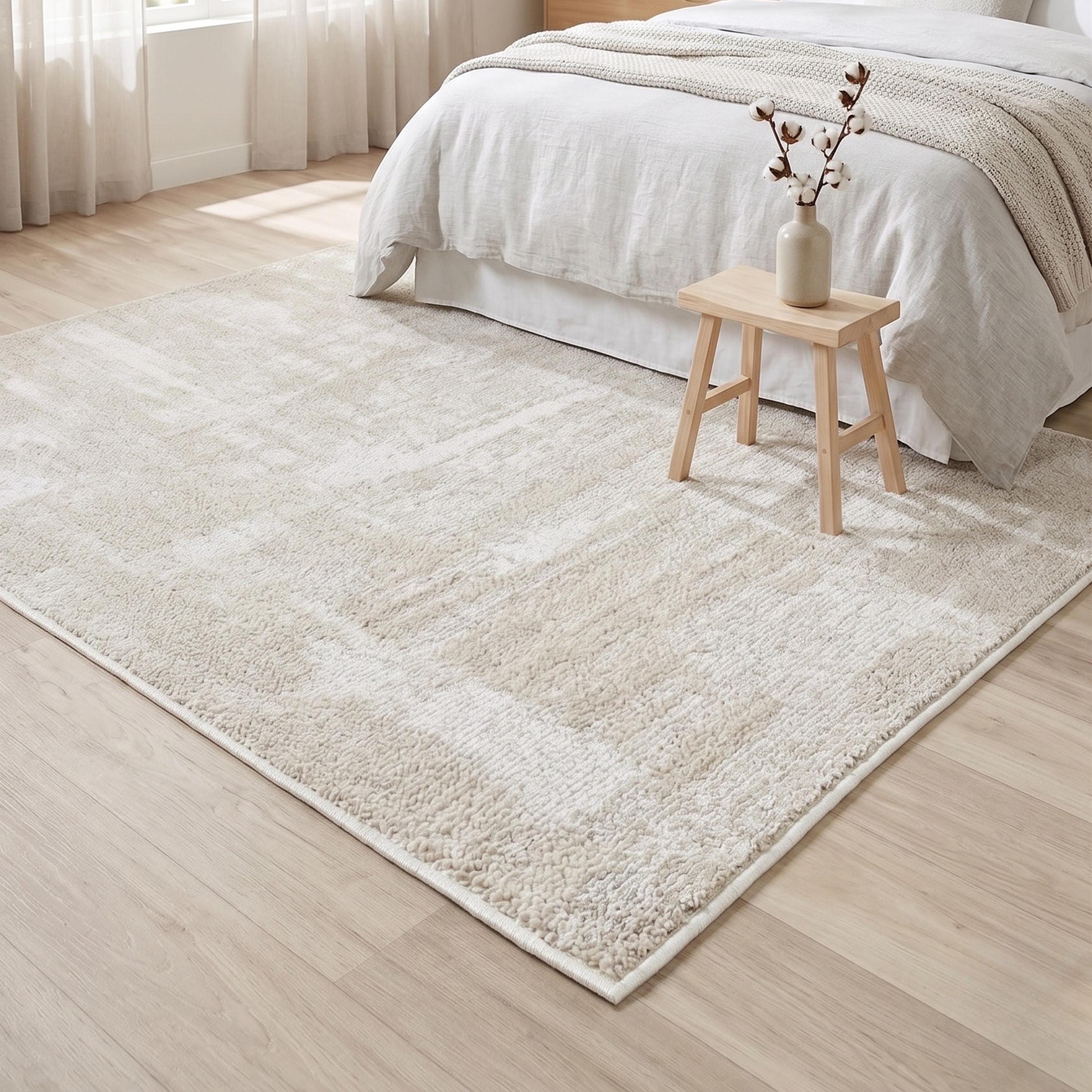 Cream Distressed Abstract Area Rug, Neutral Scandinavian Living Room Carpet