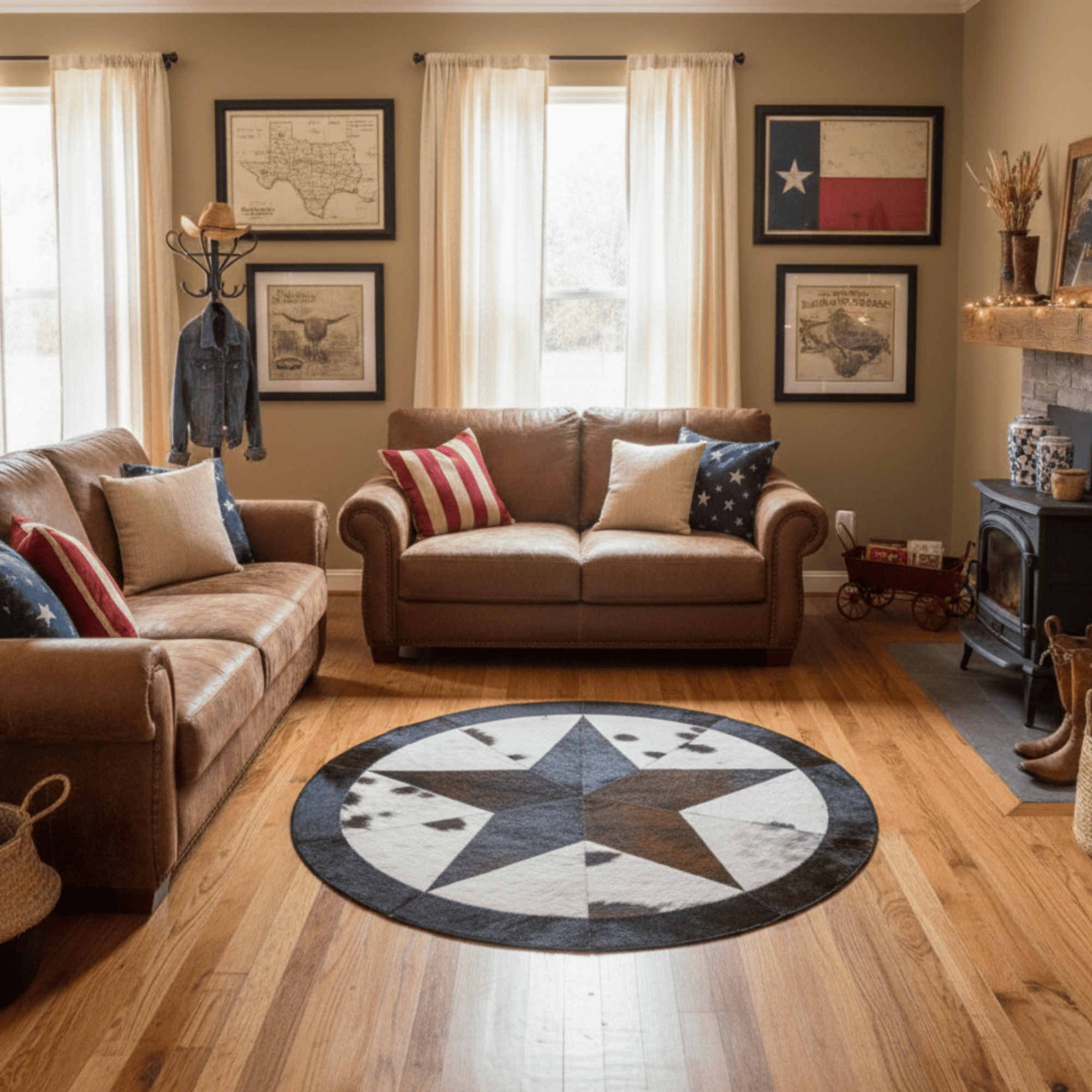Luxury Round Cowhide Rug with Star Design – Handmade Genuine Leather Carpet for Living Room