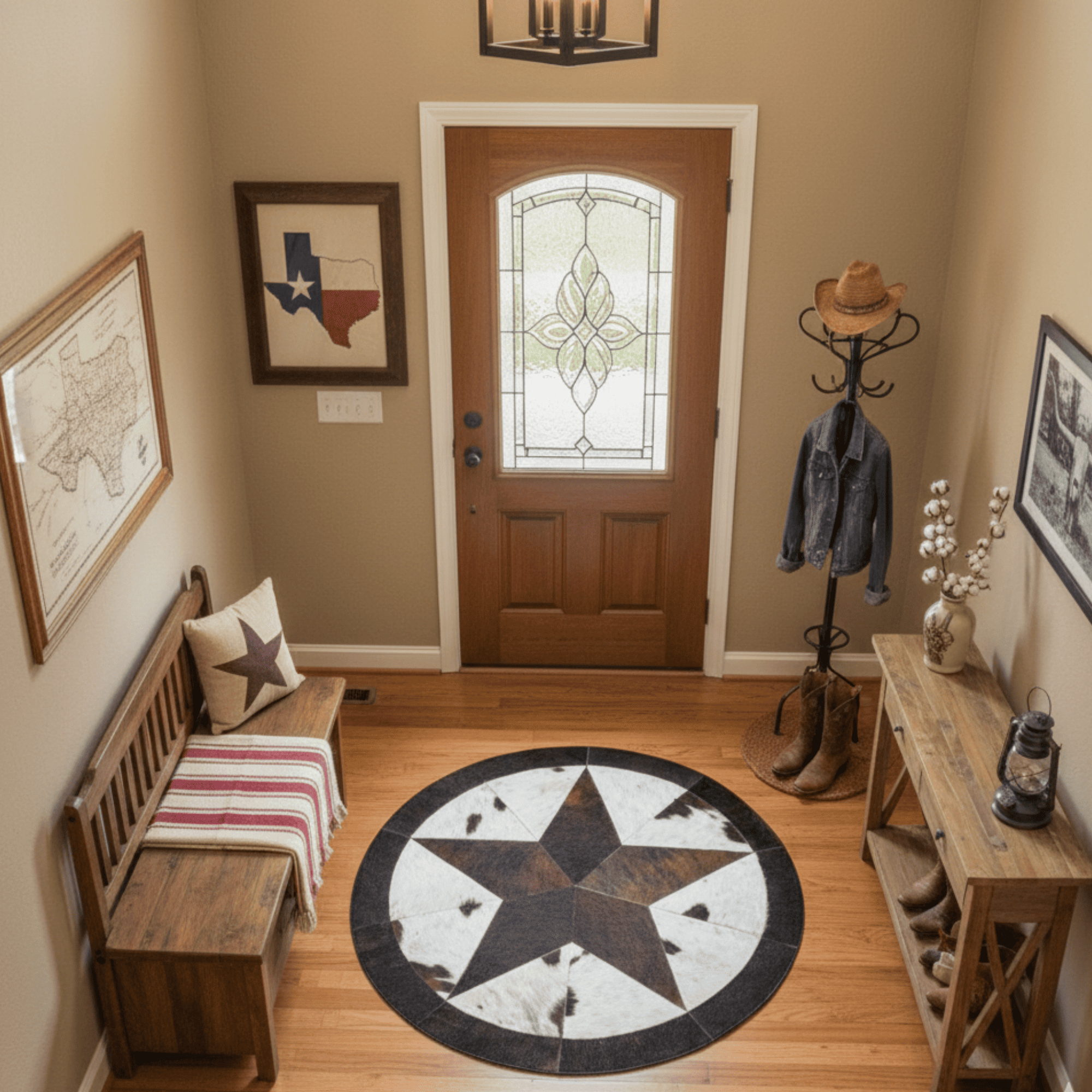 Luxury Round Cowhide Rug with Star Design – Handmade Genuine Leather Carpet for Living Room